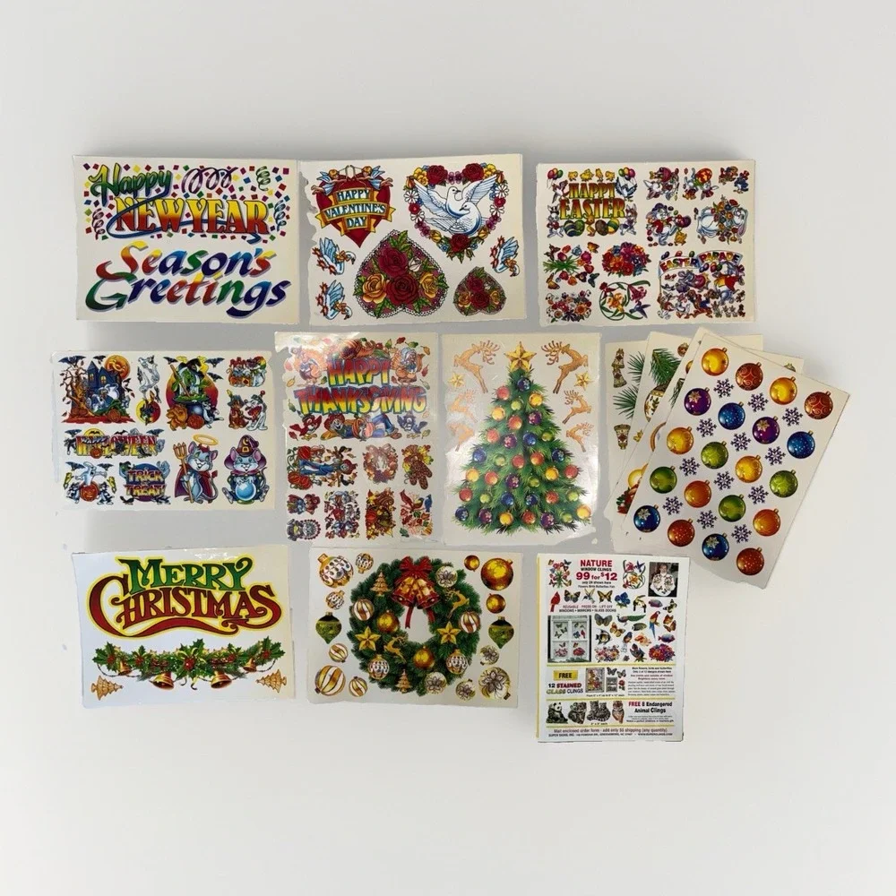 Vtg Super Signs Window Clings 12 Sheets NOS Christmas Halloween Holiday Decor